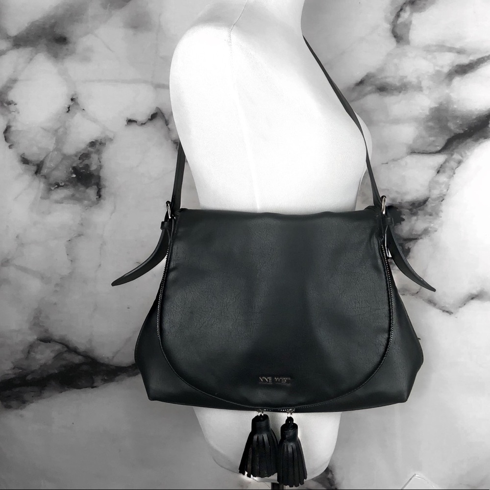 NINE WEST Black Leather Tassel Saddle Shoulder Bag